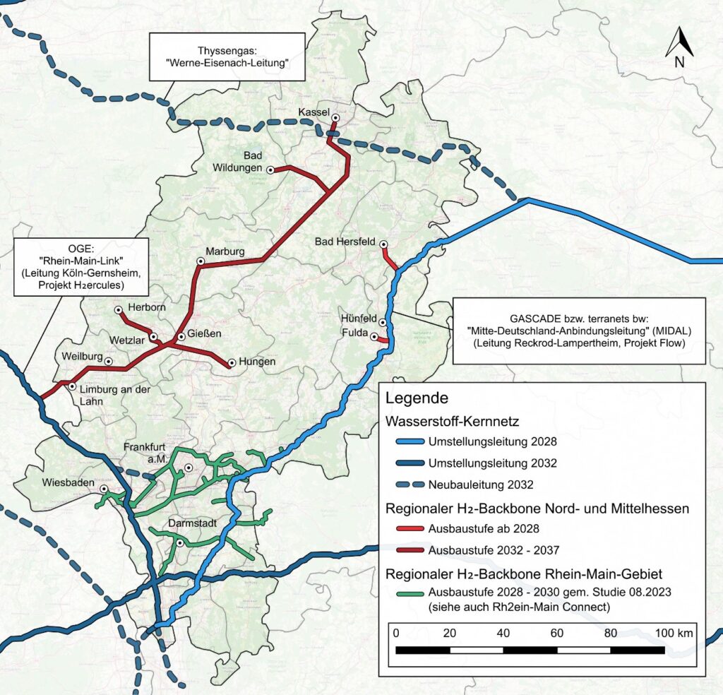 Wassertoff Backbone Plan von Hessen. Von Kassel &Atilde;&frac14;ber Marburg Gie&Atilde;Ÿen bis nach Lahmtal